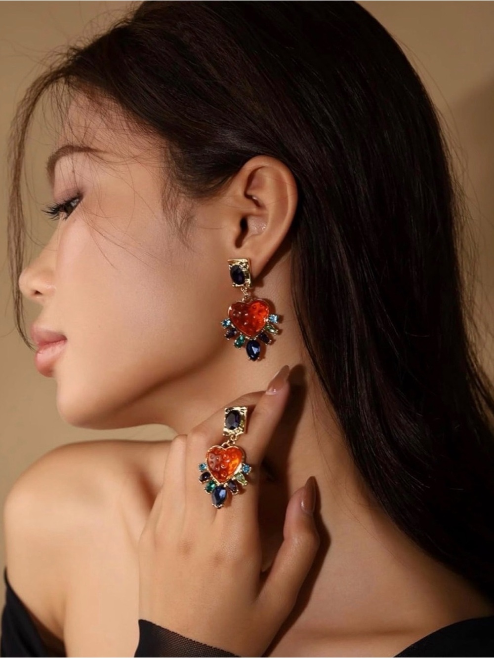 Anthropologie Gold Drop Earrings with Orange Heart and Multicolor Gems